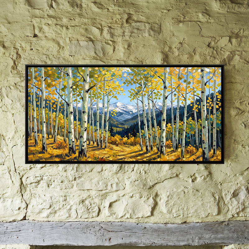 Golden Aspen Grove - framed canvas art hung on a wall
