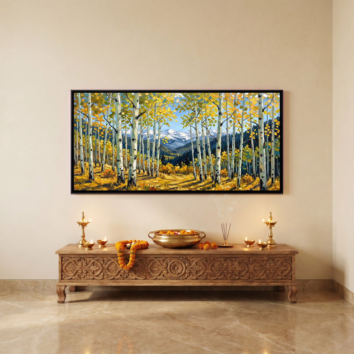 Golden Aspen Grove - canvas art shown in a styled room