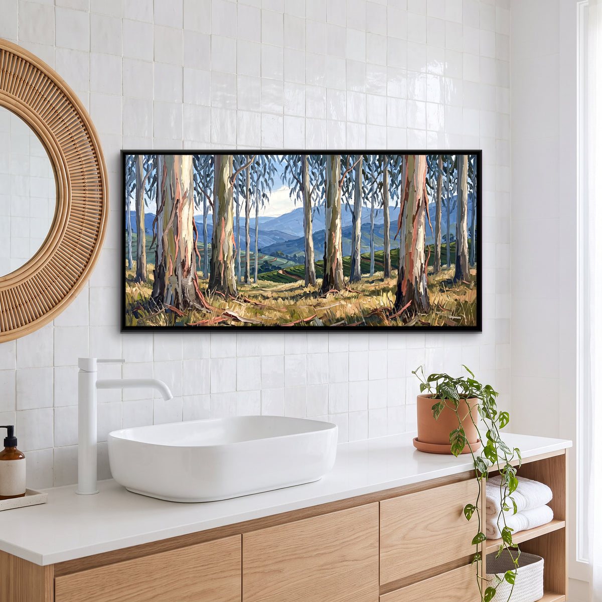 Eucalyptus Grove Above a Valley - canvas art shown in a styled room