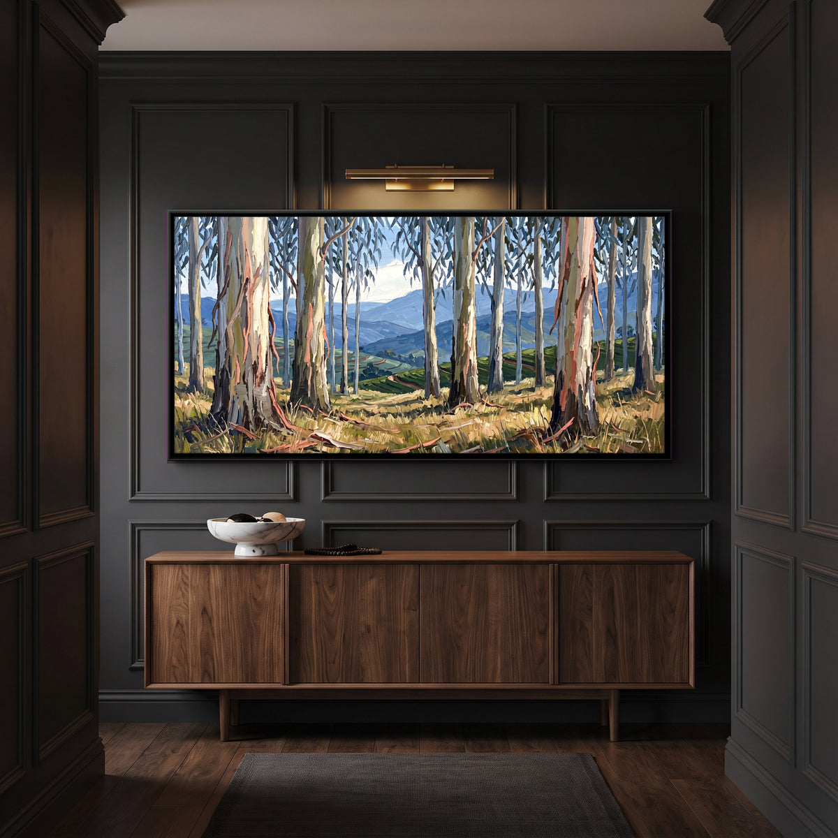 Eucalyptus Grove Above a Valley - canvas art shown in a second room setting