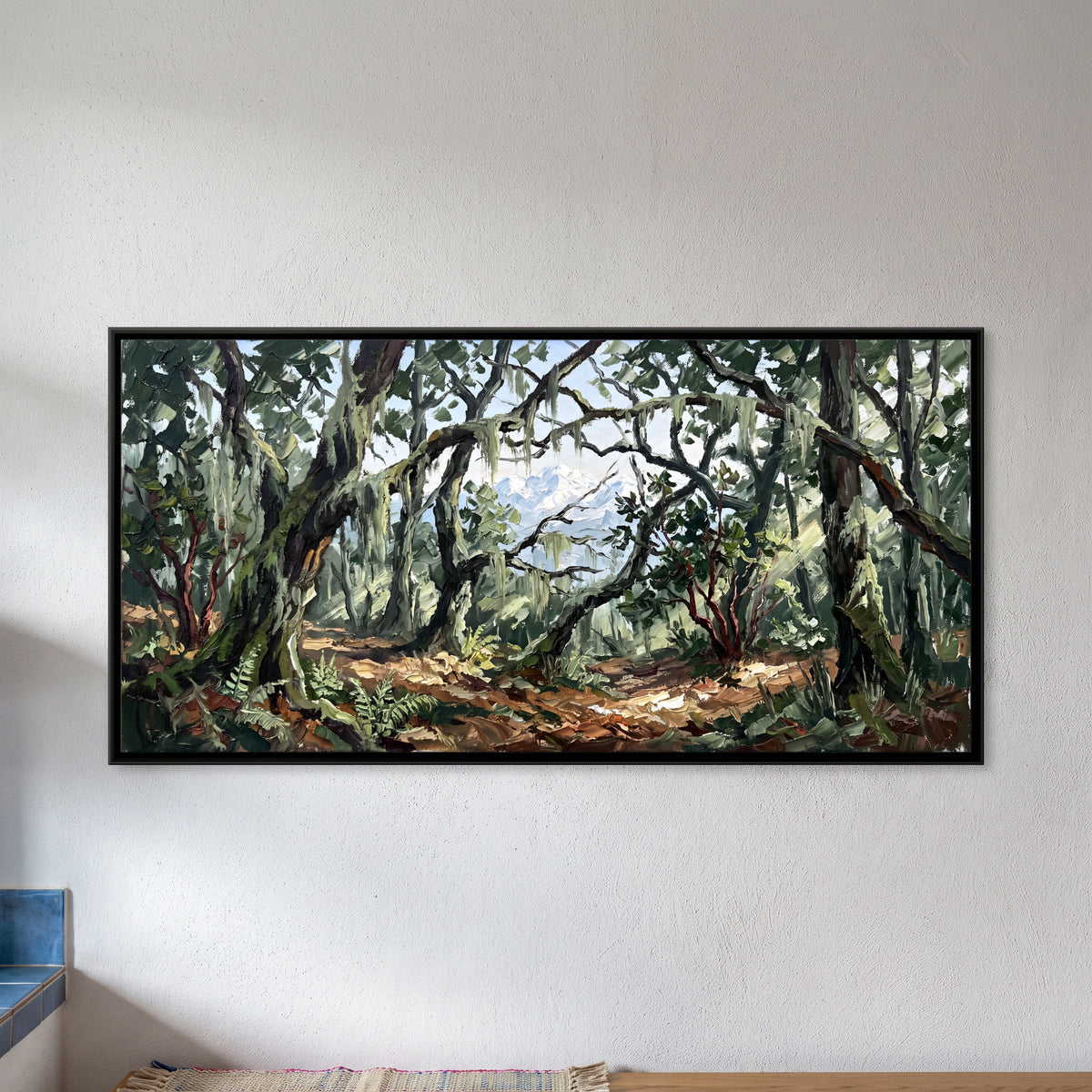 Moss-Draped Oak Forest - framed canvas art hung on a wall