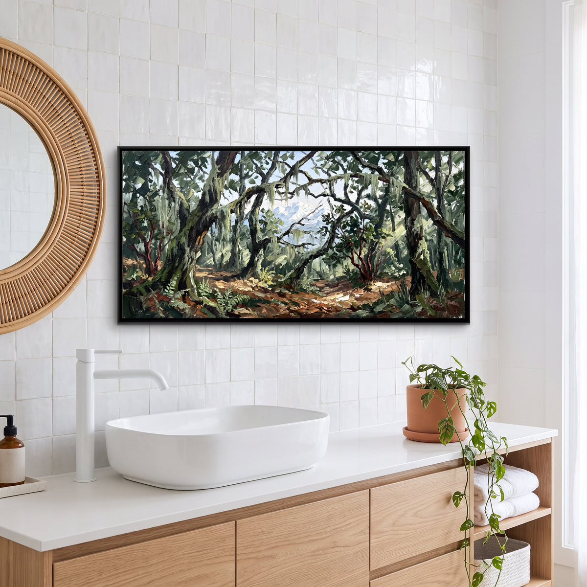 Moss-Draped Oak Forest - canvas art shown in a styled room