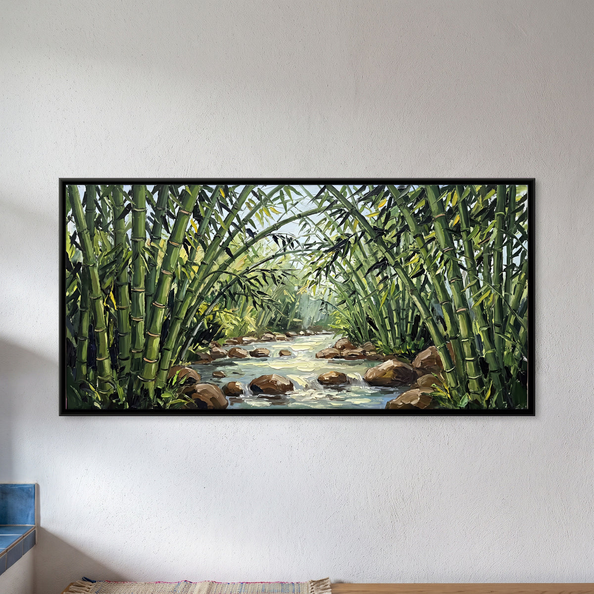Stream Through a Bamboo Grove - framed canvas art hung on a wall