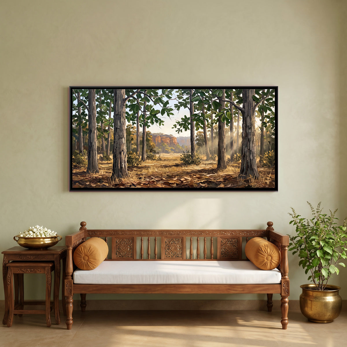 Sunbeams in a Leafy Forest - canvas art shown in a styled room