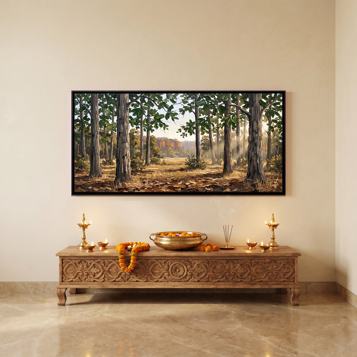 Sunbeams in a Leafy Forest - canvas art shown in a second room setting