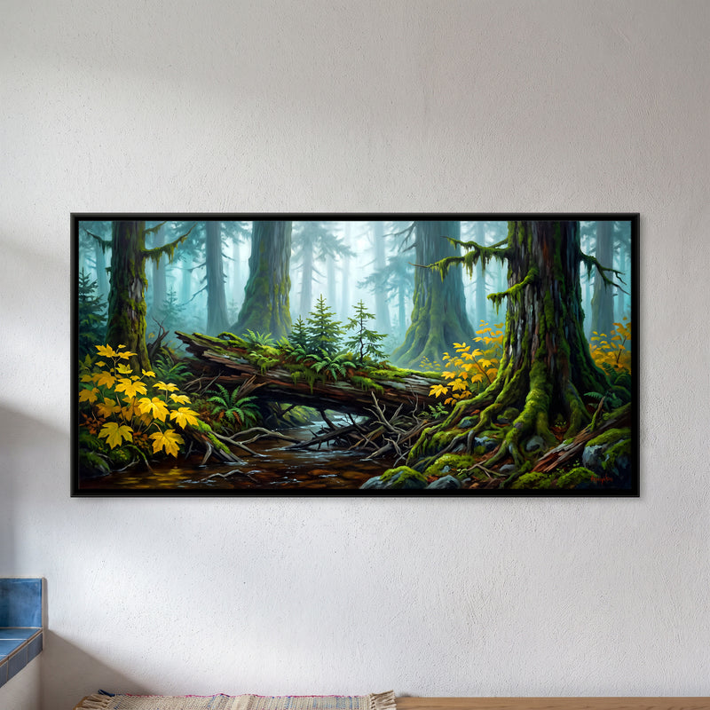 Fallen Log in a Mossy Forest - framed canvas art hung on a wall