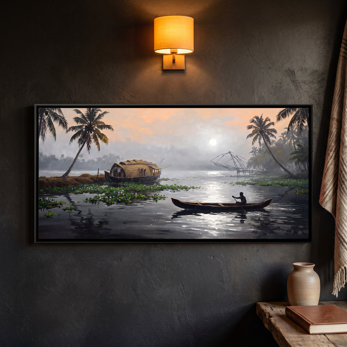 Kerala Backwaters Houseboat - framed canvas art hung on a wall