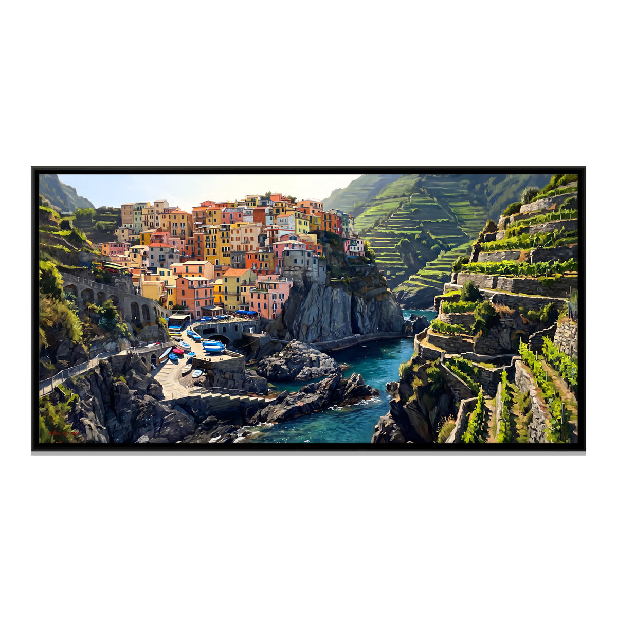 Cinque Terre Cliffside Village - framed canvas print, front view