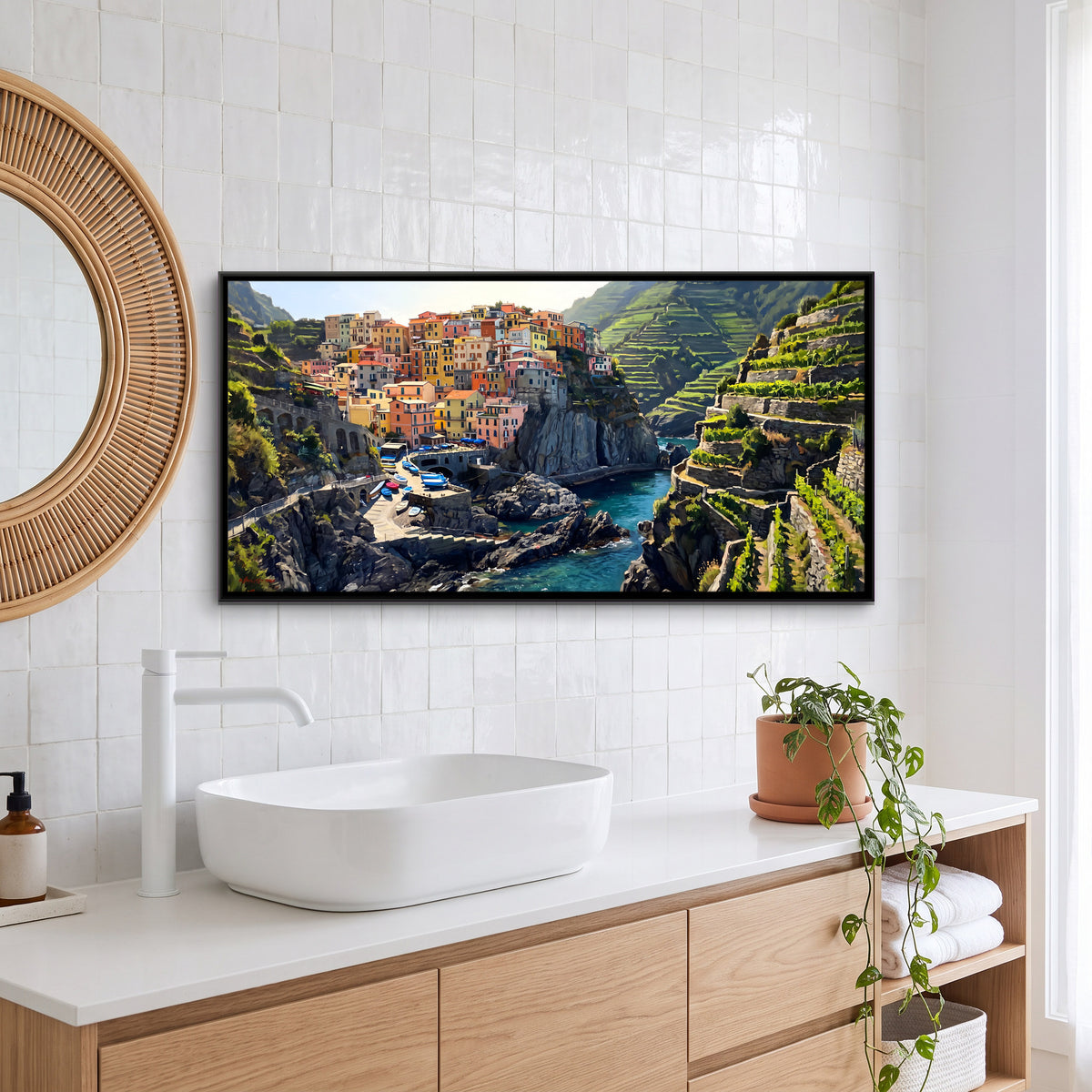 Cinque Terre Cliffside Village - canvas art shown in a styled room