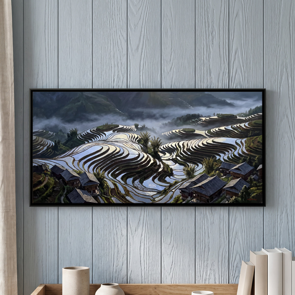 Rice Terraces and Hillside Village - framed canvas art hung on a wall