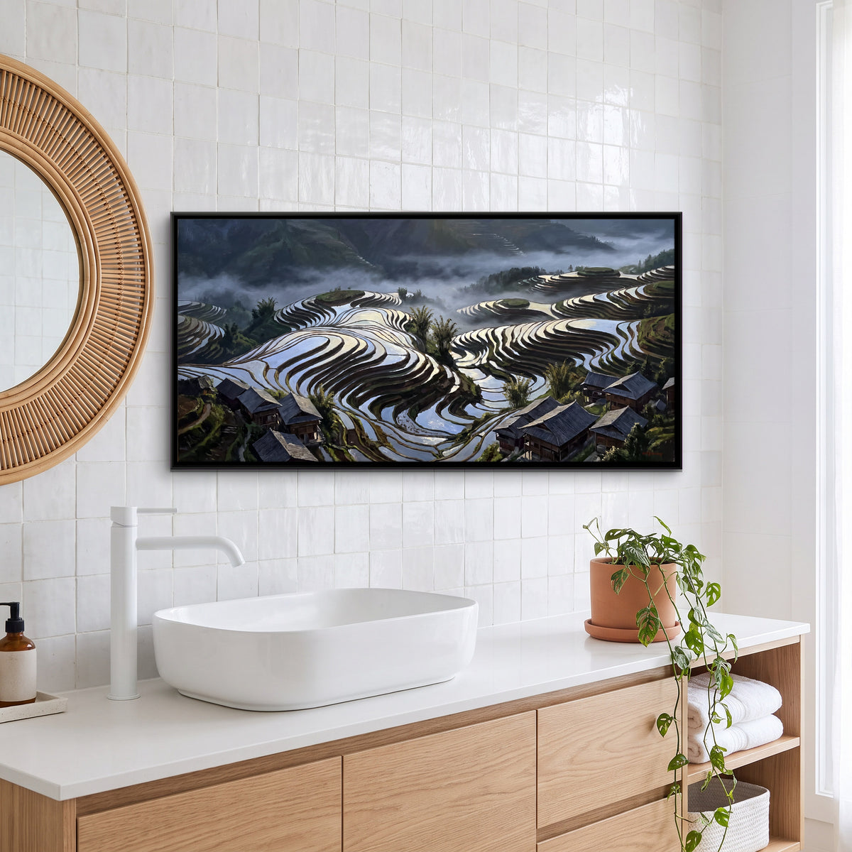Rice Terraces and Hillside Village - canvas art shown in a styled room