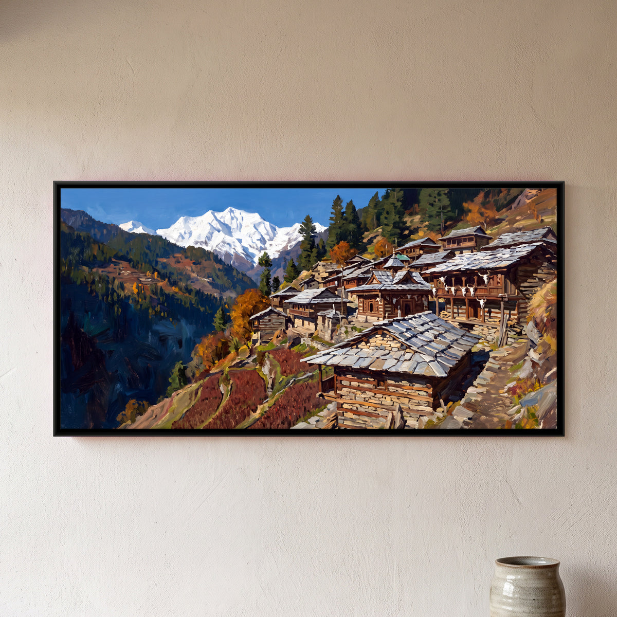 Himalayan Village in Autumn - framed canvas art hung on a wall