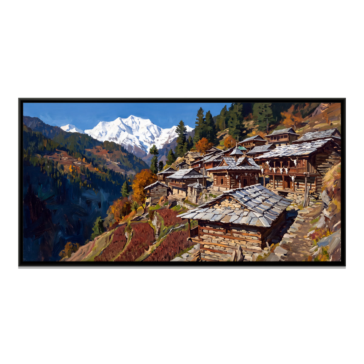 Himalayan Village in Autumn - framed canvas print, front view