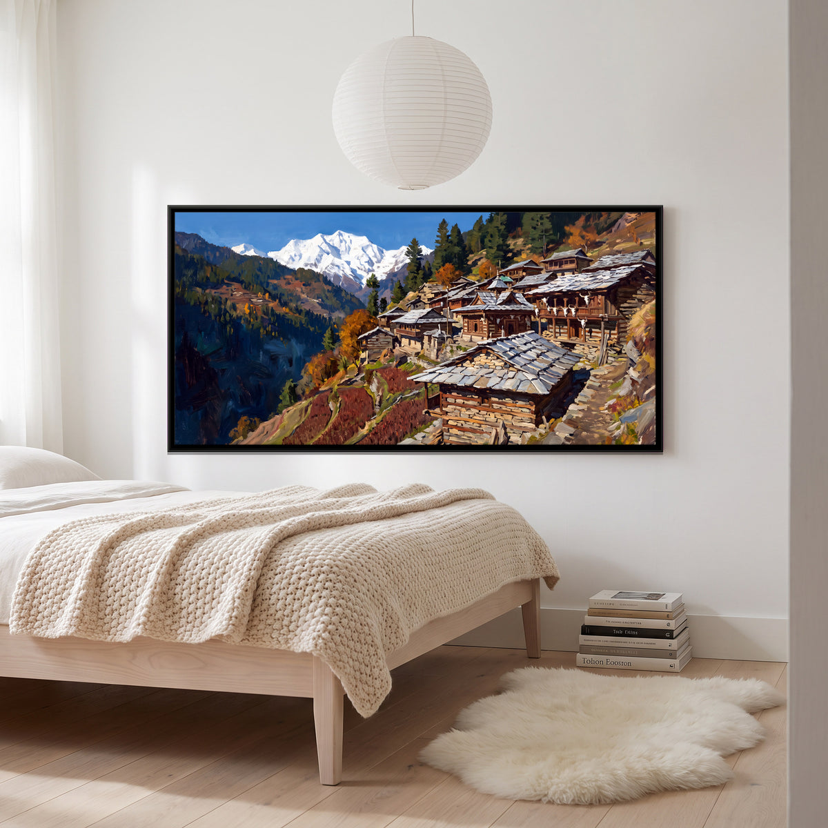 Himalayan Village in Autumn - canvas art shown in a styled room