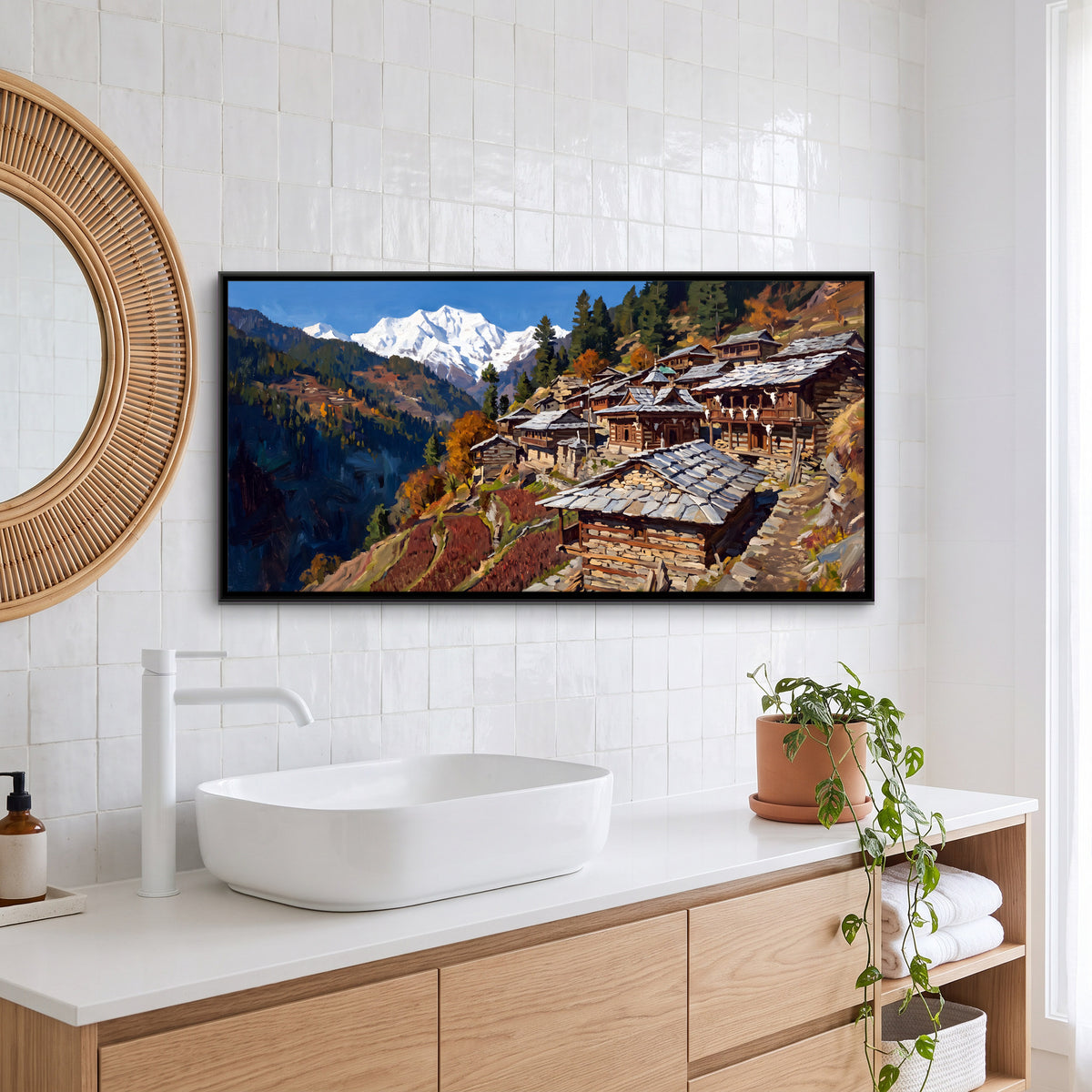 Himalayan Village in Autumn - canvas art shown in a second room setting
