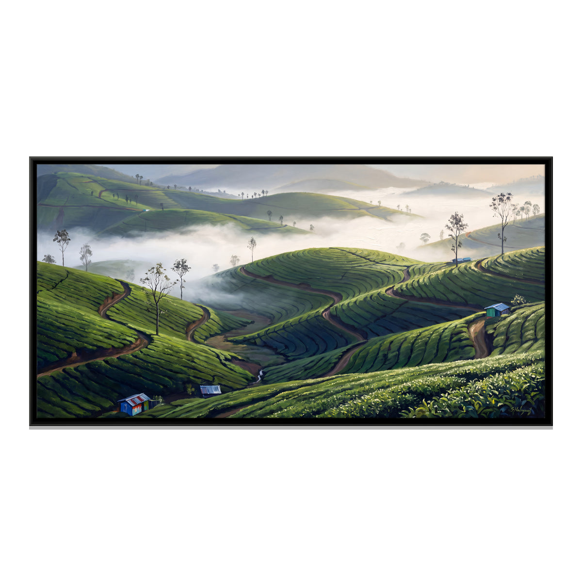 Munnar Tea Gardens in Mist - framed canvas print, front view