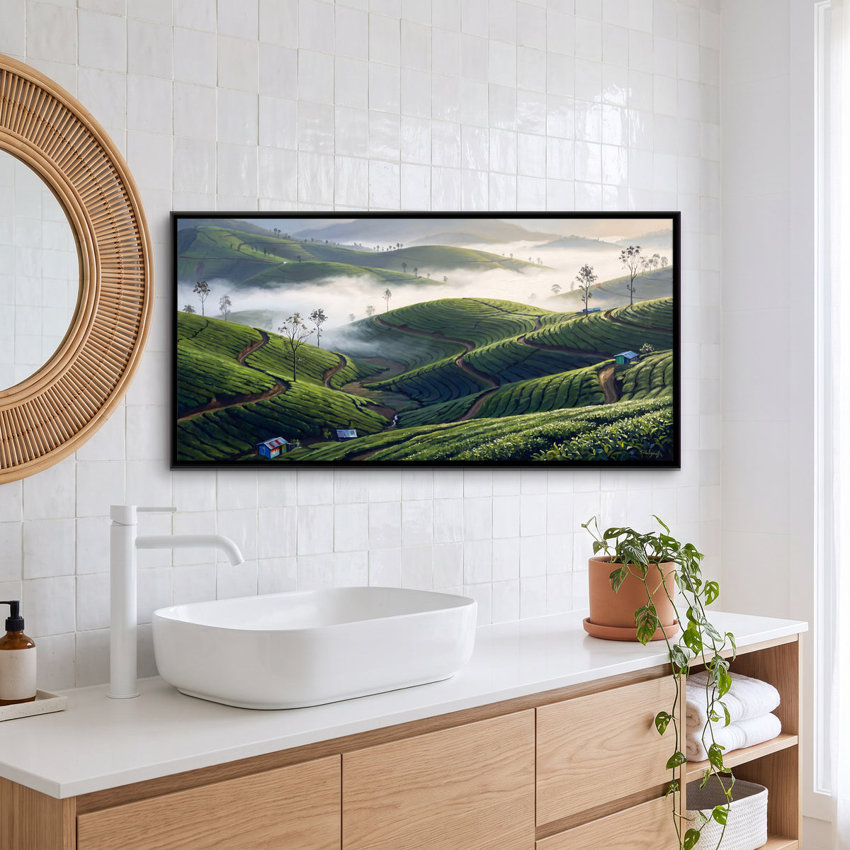Munnar Tea Gardens in Mist - canvas art shown in a styled room