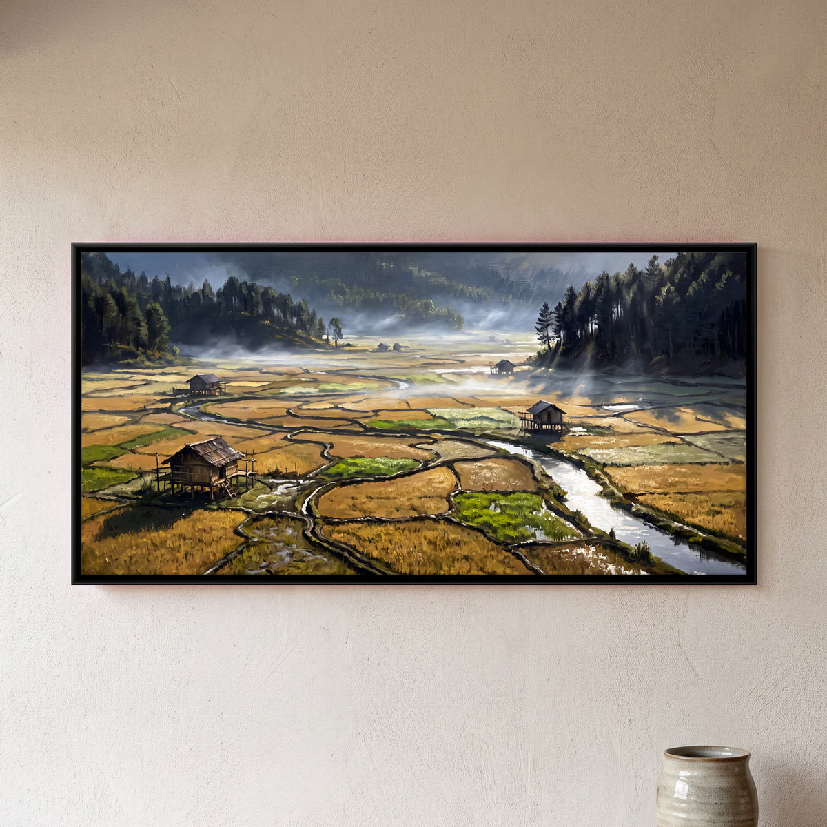 Stilt Huts in Golden Paddy Fields - framed canvas art hung on a wall