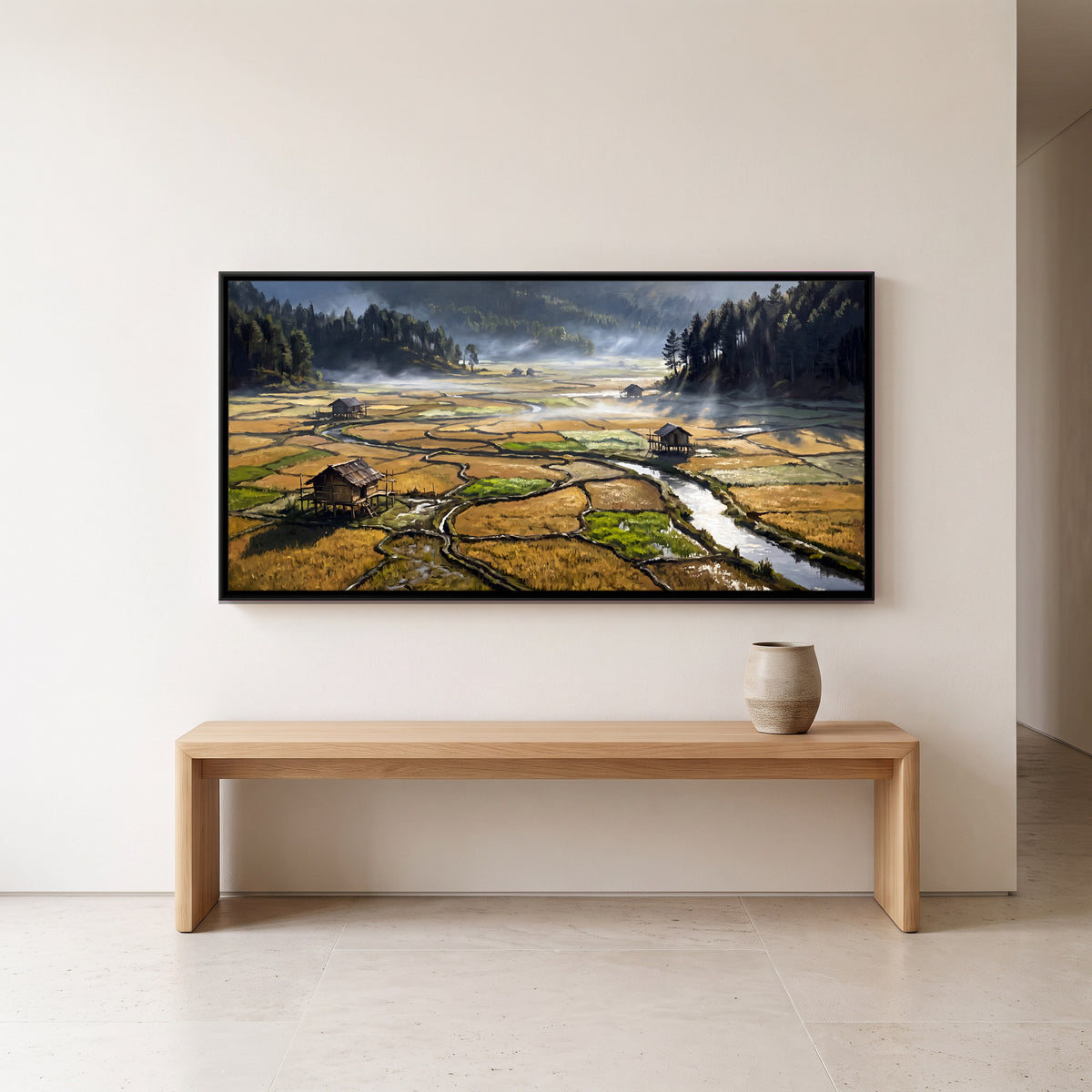 Stilt Huts in Golden Paddy Fields - canvas art shown in a styled room