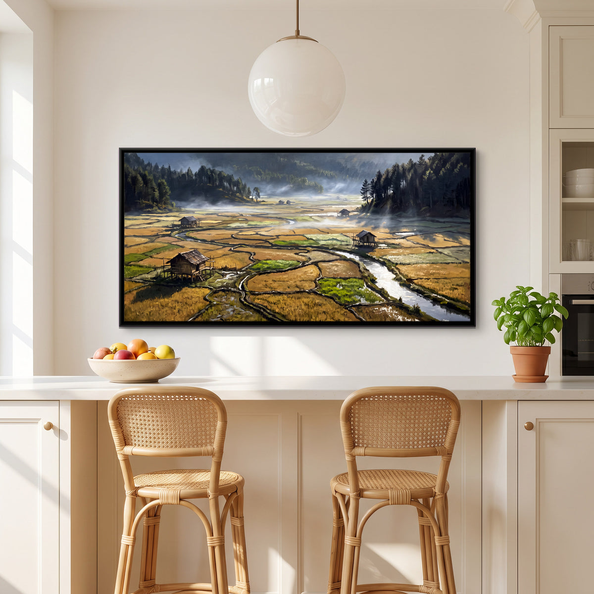 Stilt Huts in Golden Paddy Fields - canvas art shown in a second room setting