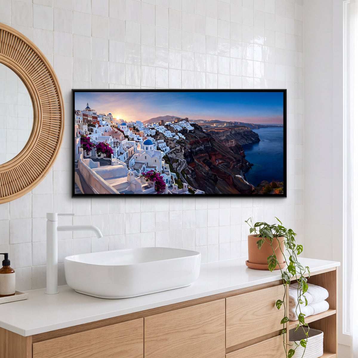 Santorini Caldera at Sunset - canvas art shown in a styled room