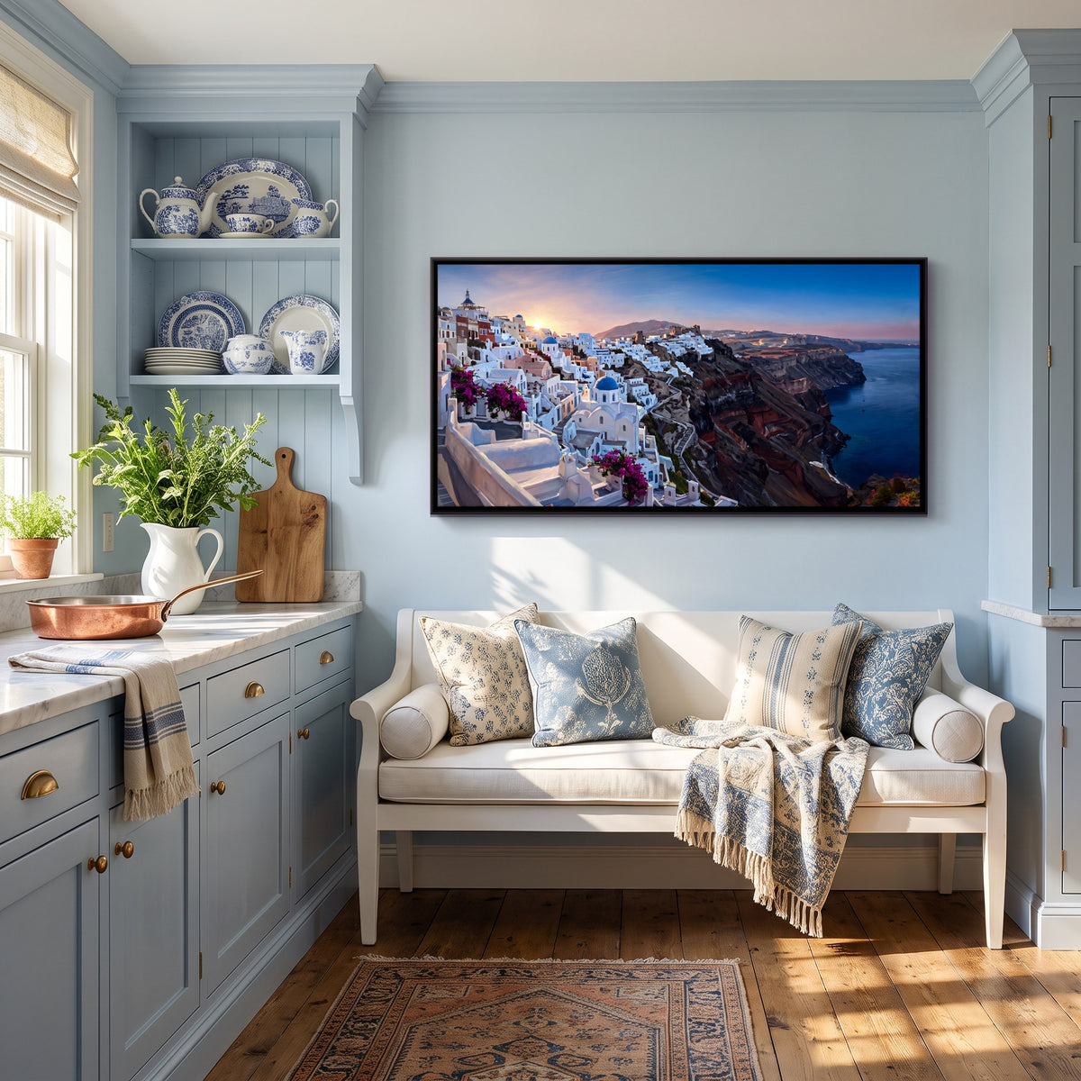 Santorini Caldera at Sunset - canvas art shown in a second room setting