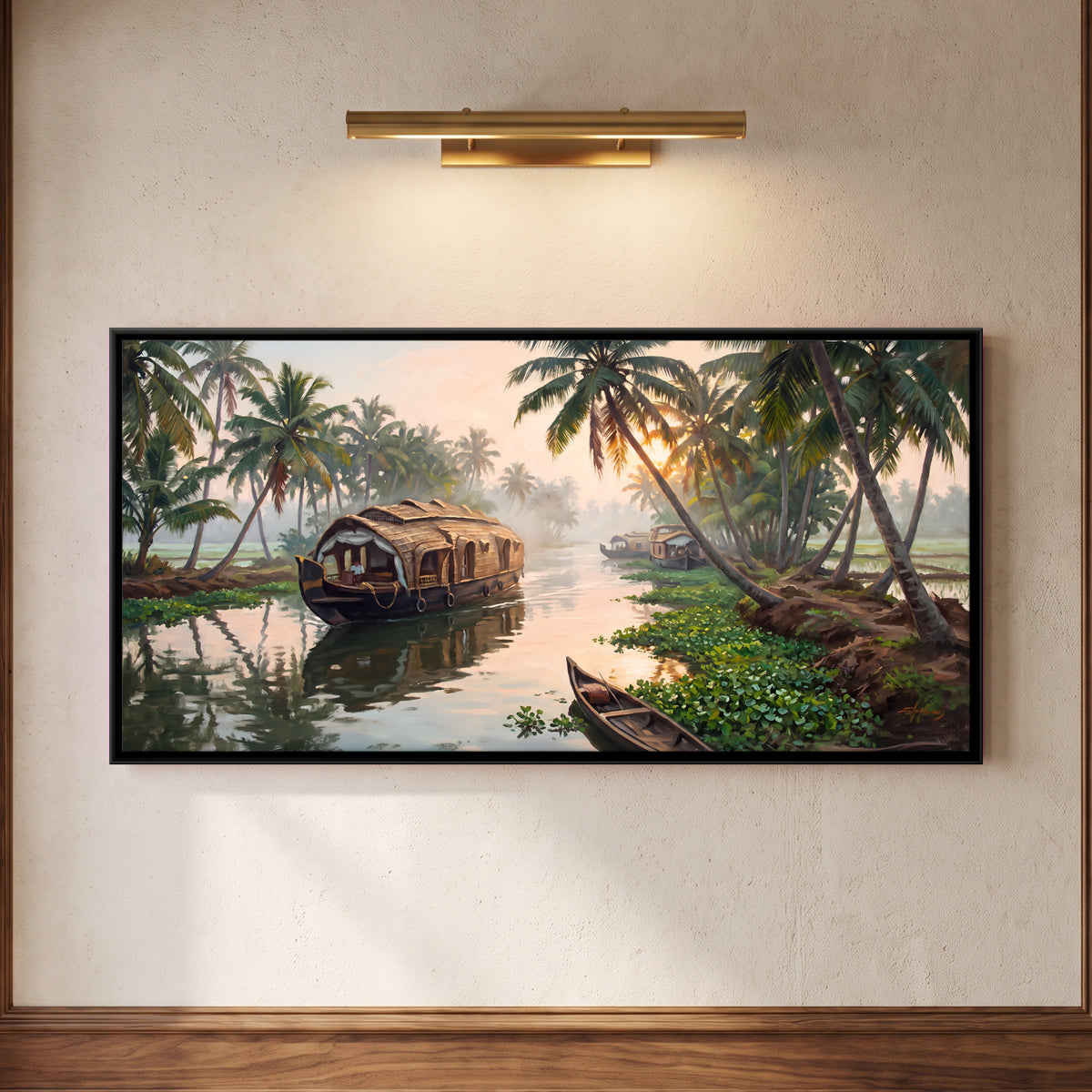Houseboat on the Kerala Backwaters - framed canvas art hung on a wall