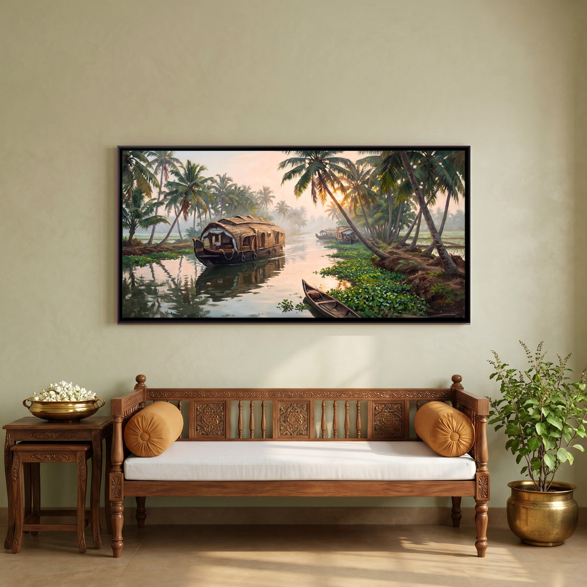 Houseboat on the Kerala Backwaters - canvas art shown in a styled room