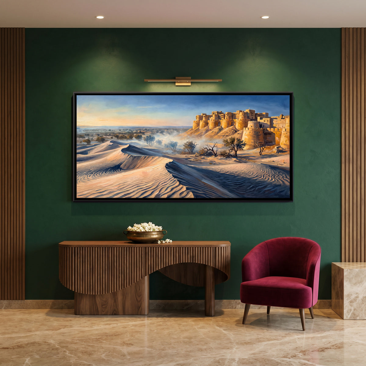 Jaisalmer Fort Above the Dunes - canvas art shown in a styled room