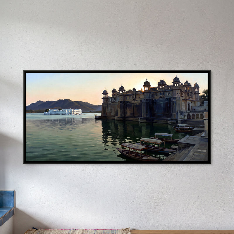 Palaces on Lake Pichola - framed canvas art hung on a wall