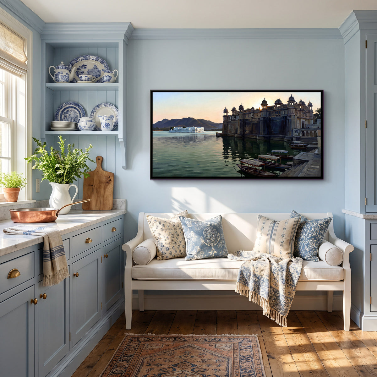 Palaces on Lake Pichola - canvas art shown in a styled room