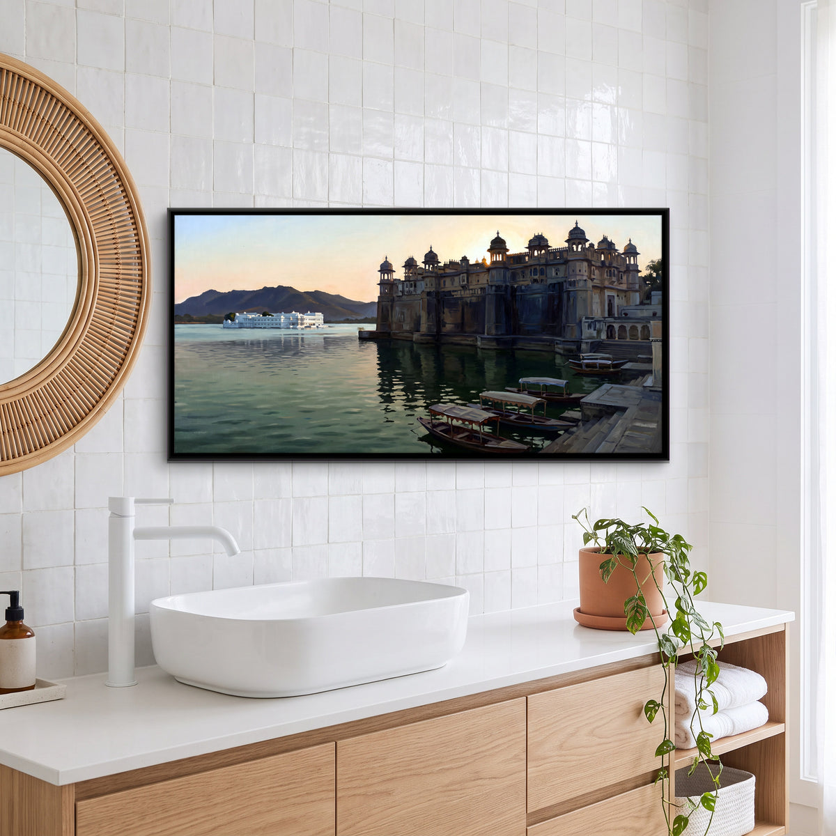 Palaces on Lake Pichola - canvas art shown in a second room setting