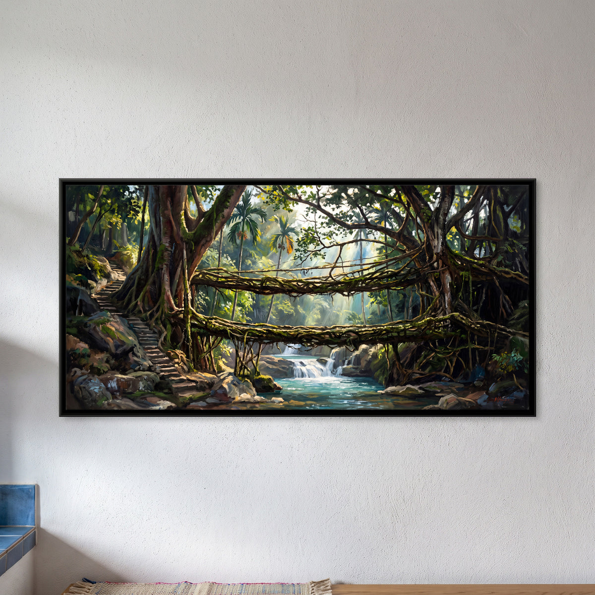 Living Root Bridge - framed canvas art hung on a wall