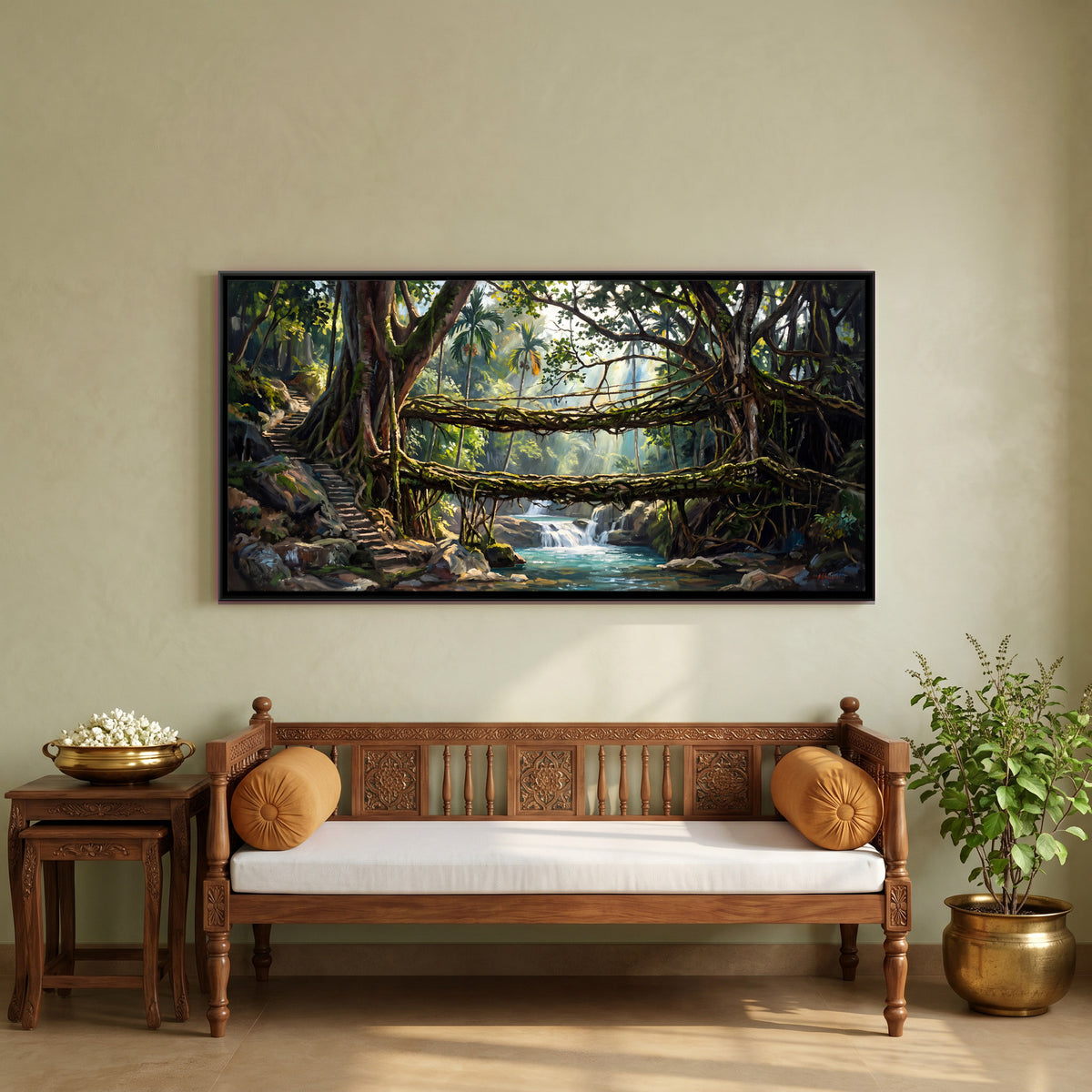 Living Root Bridge - canvas art shown in a styled room