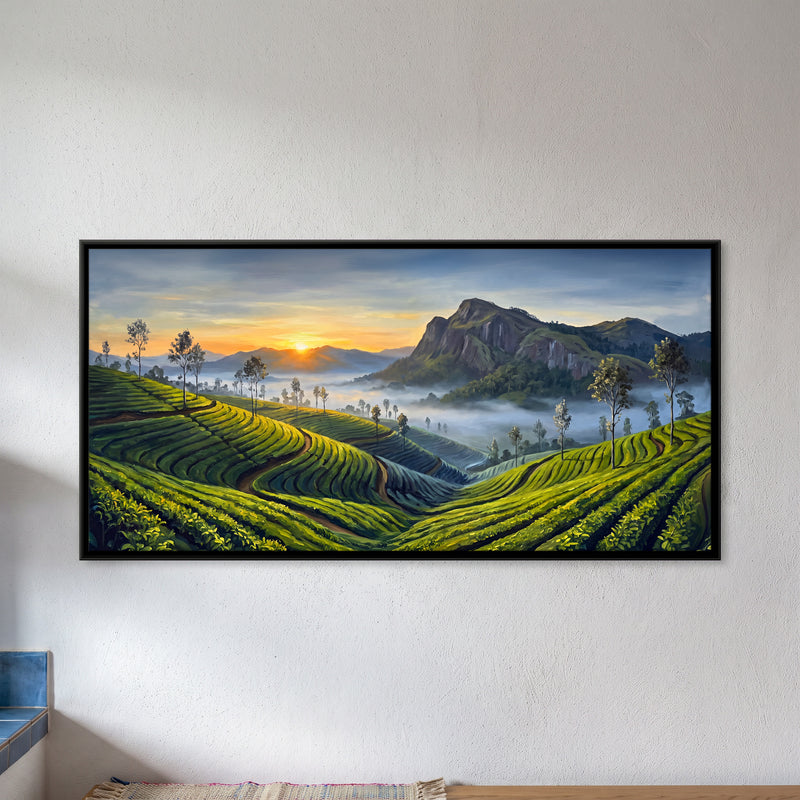 Munnar Tea Gardens at Sunrise - framed canvas art hung on a wall