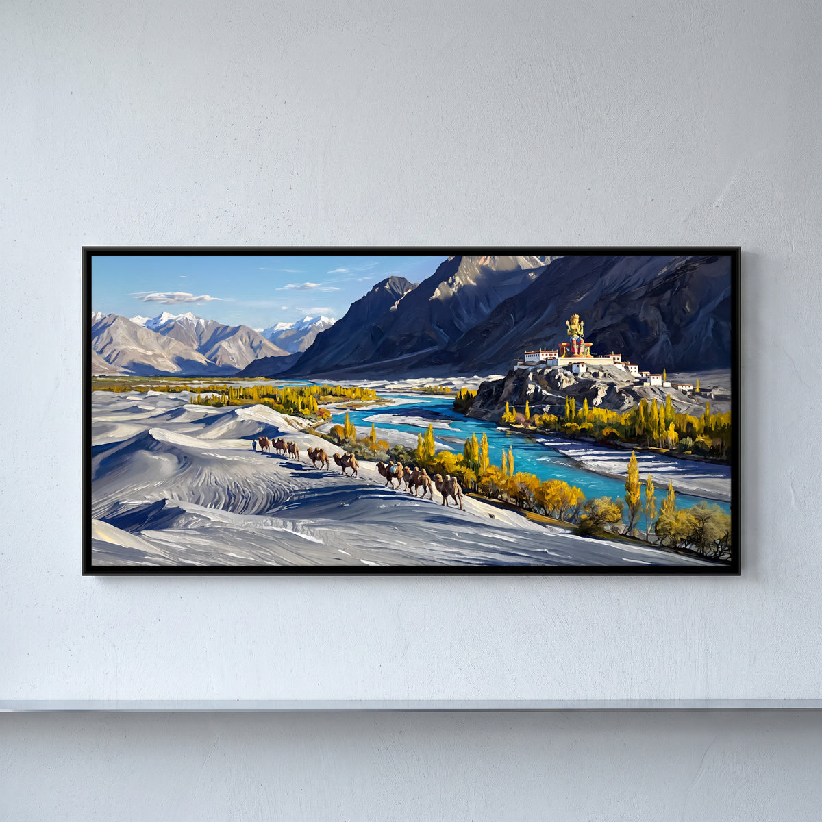Camel Caravan in Nubra Valley - framed canvas art hung on a wall