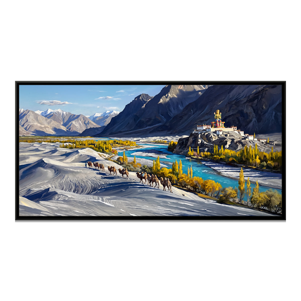 Camel Caravan in Nubra Valley - framed canvas print, front view