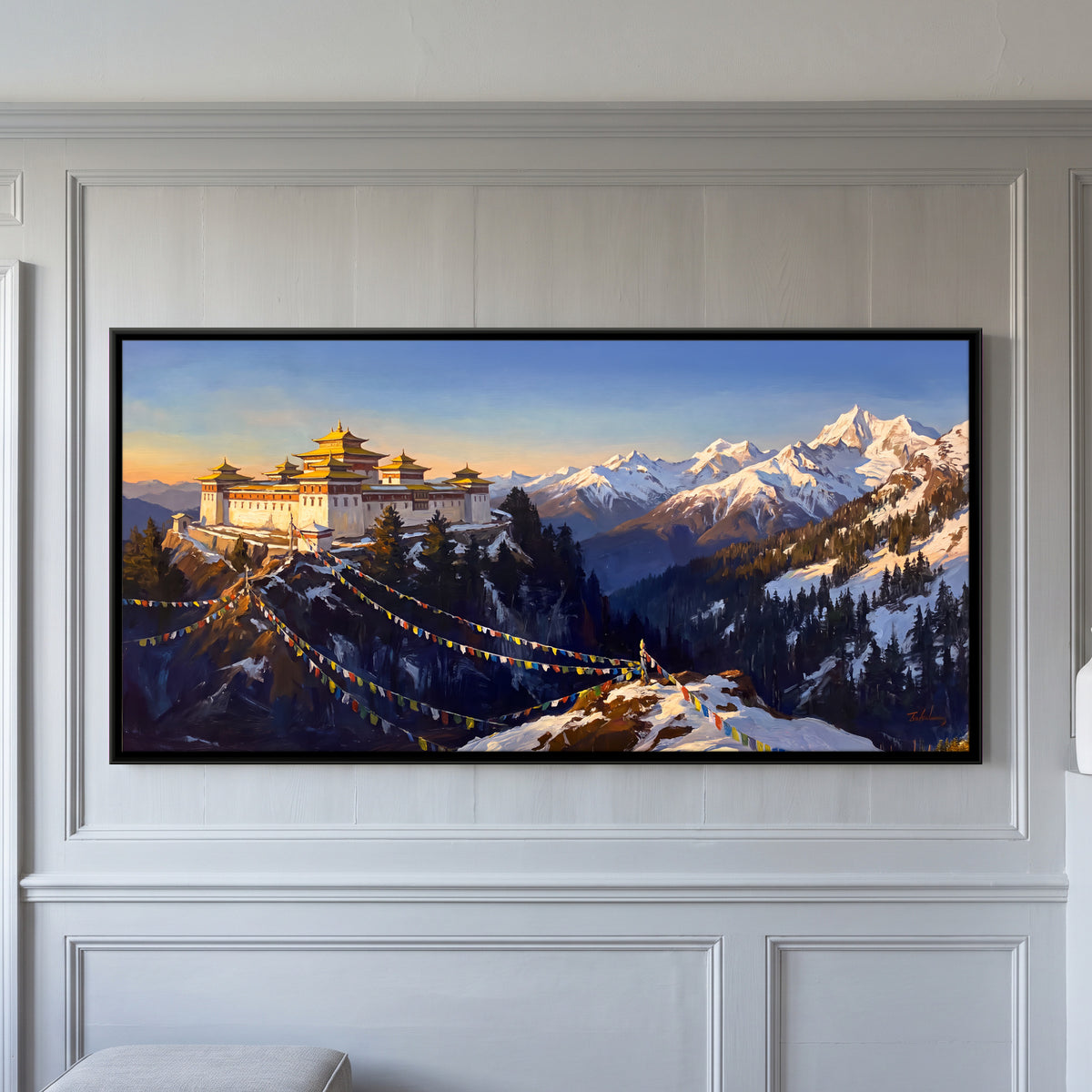 Tawang Monastery at Sunrise - framed canvas art hung on a wall