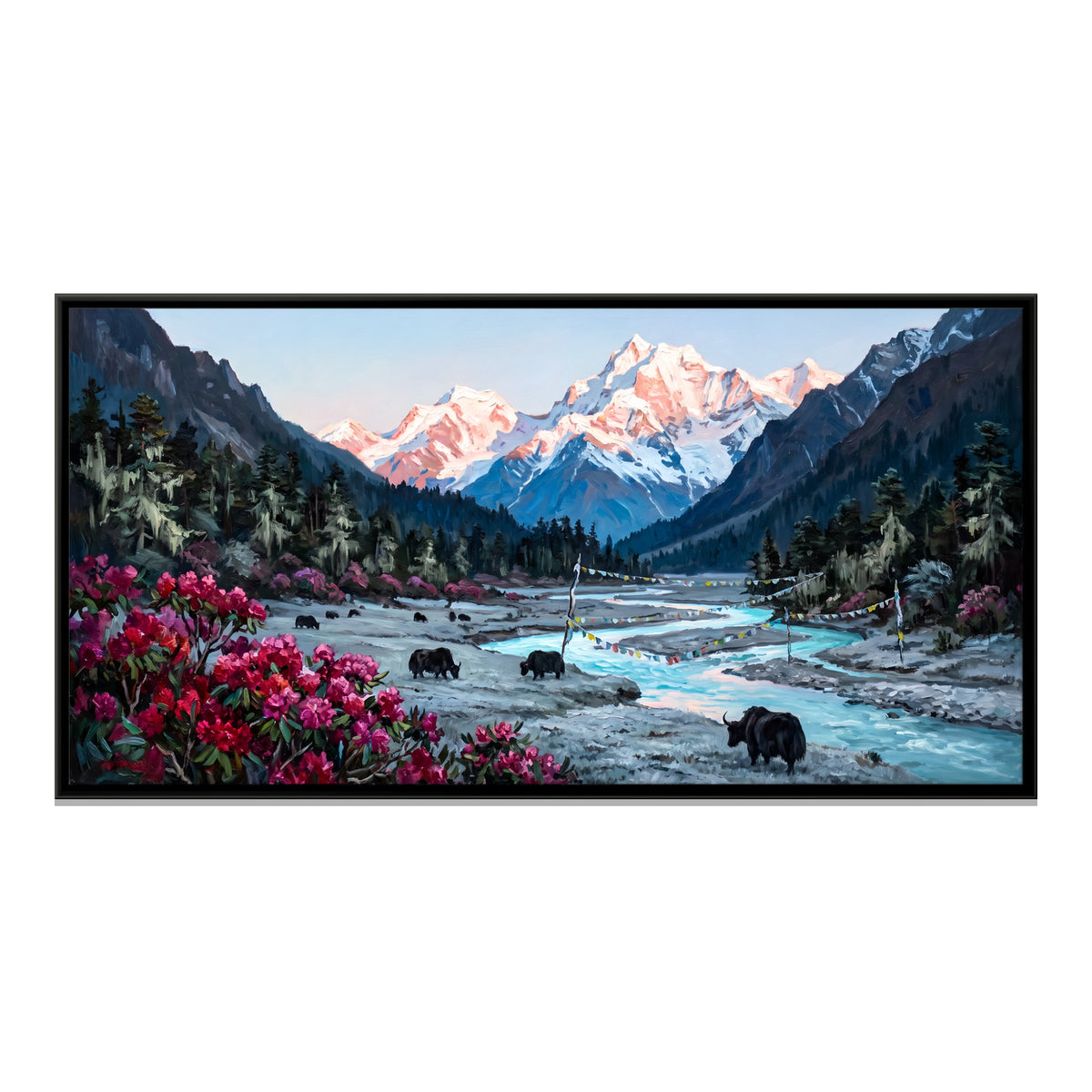 Yaks in Yumthang Valley - framed canvas print, front view