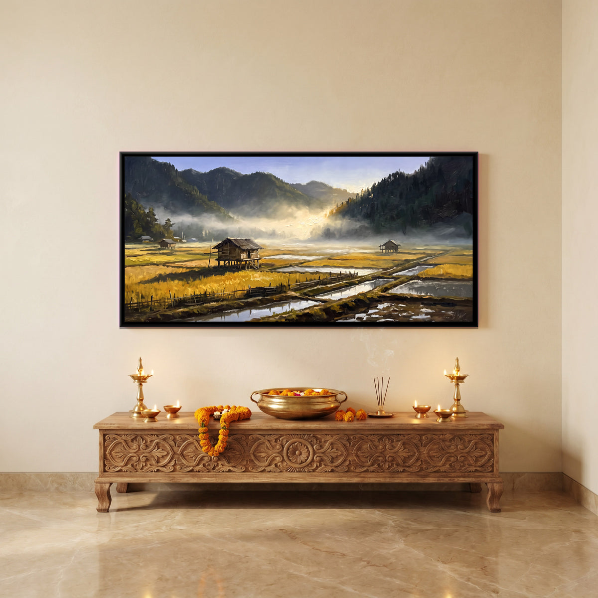 Ziro Valley Paddy Fields - canvas art shown in a second room setting