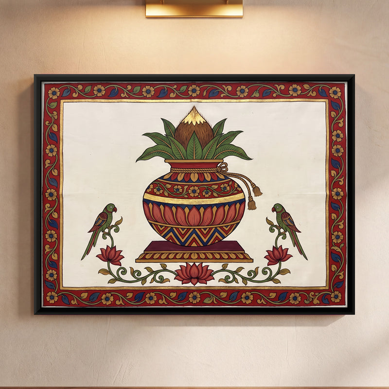 Kalash with Parrots - framed canvas art hung on a wall