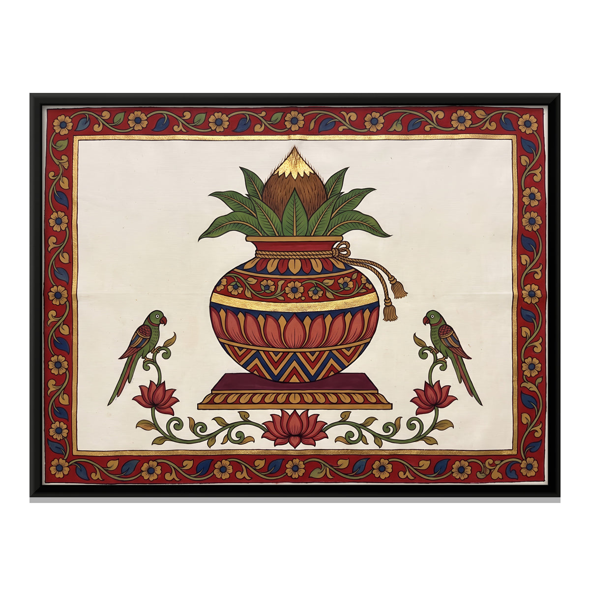 Kalash with Parrots - framed canvas print, front view