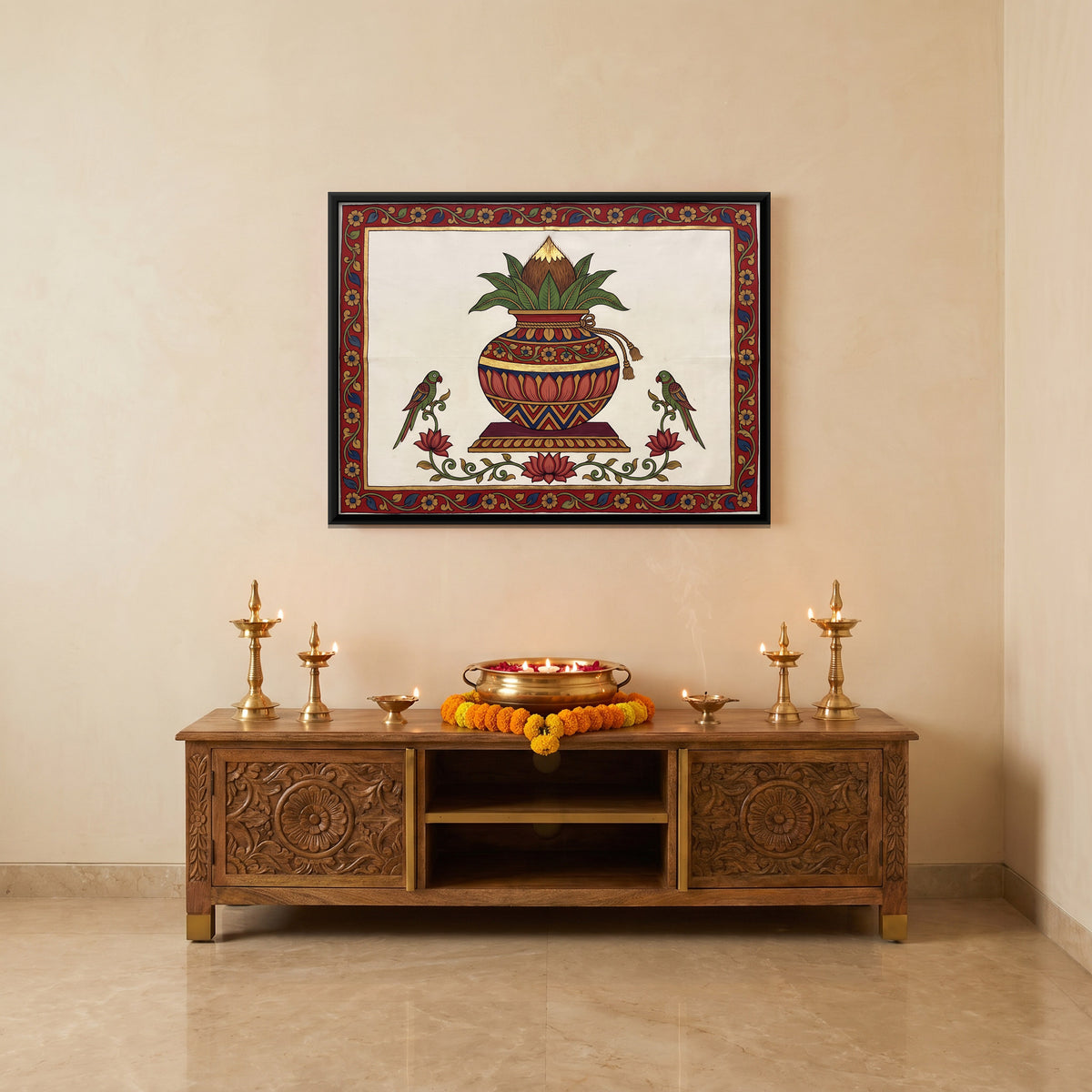 Kalash with Parrots - canvas art shown in a second room setting