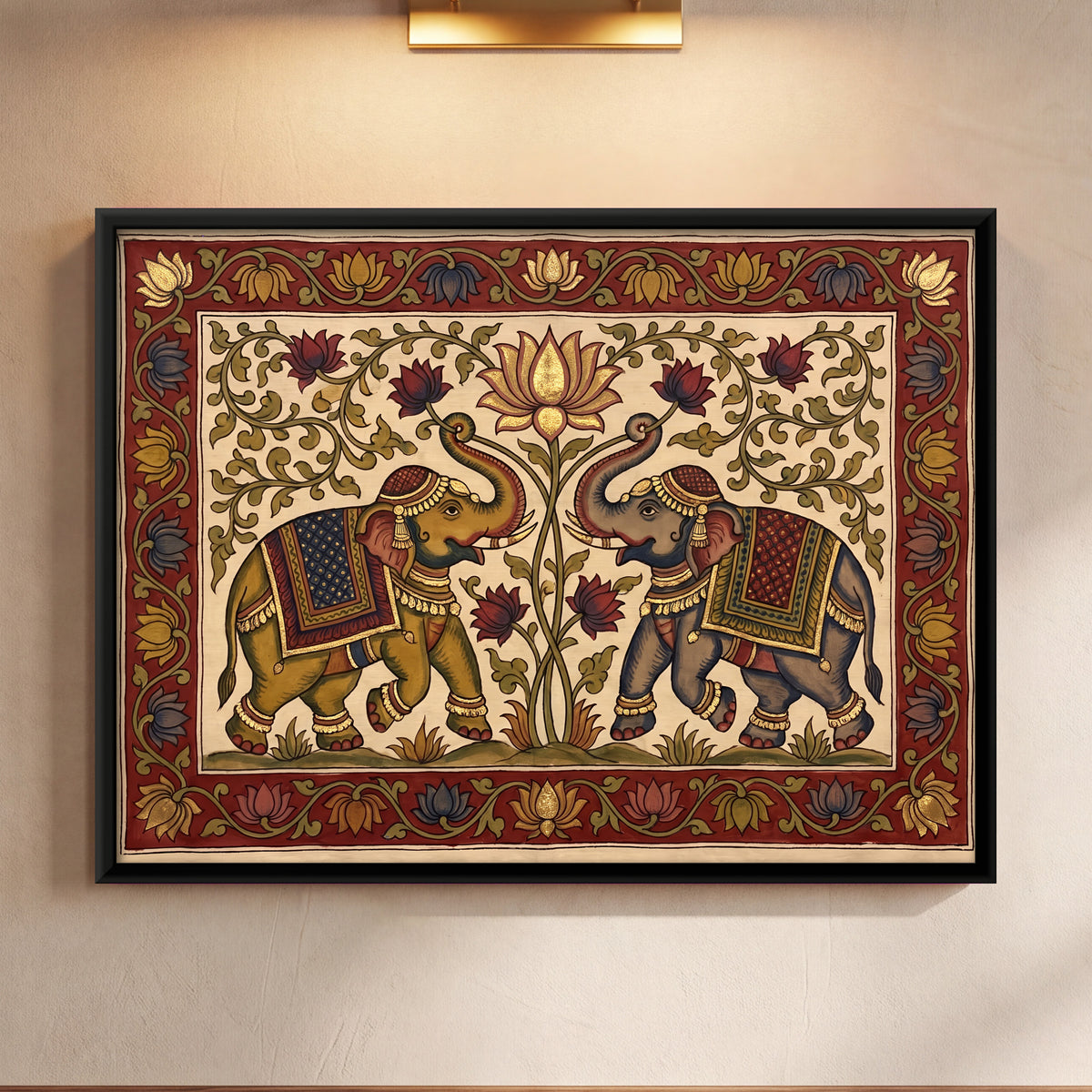Elephant Pair Beneath a Lotus - framed canvas art hung on a wall