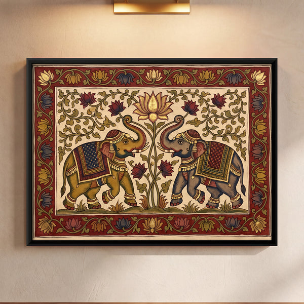 Two Elephants Facing a Central Lotus Plant