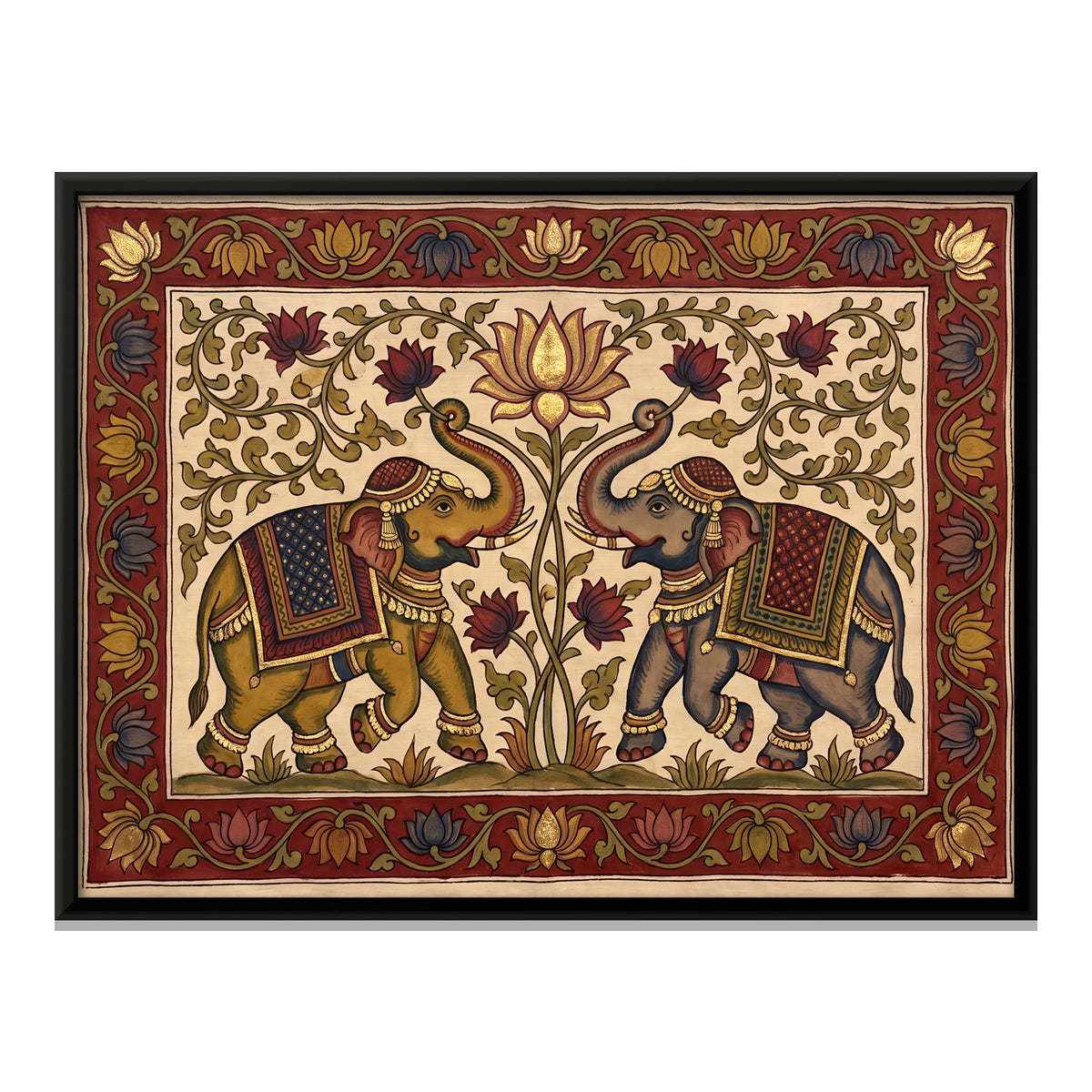 Elephant Pair Beneath a Lotus - framed canvas print, front view