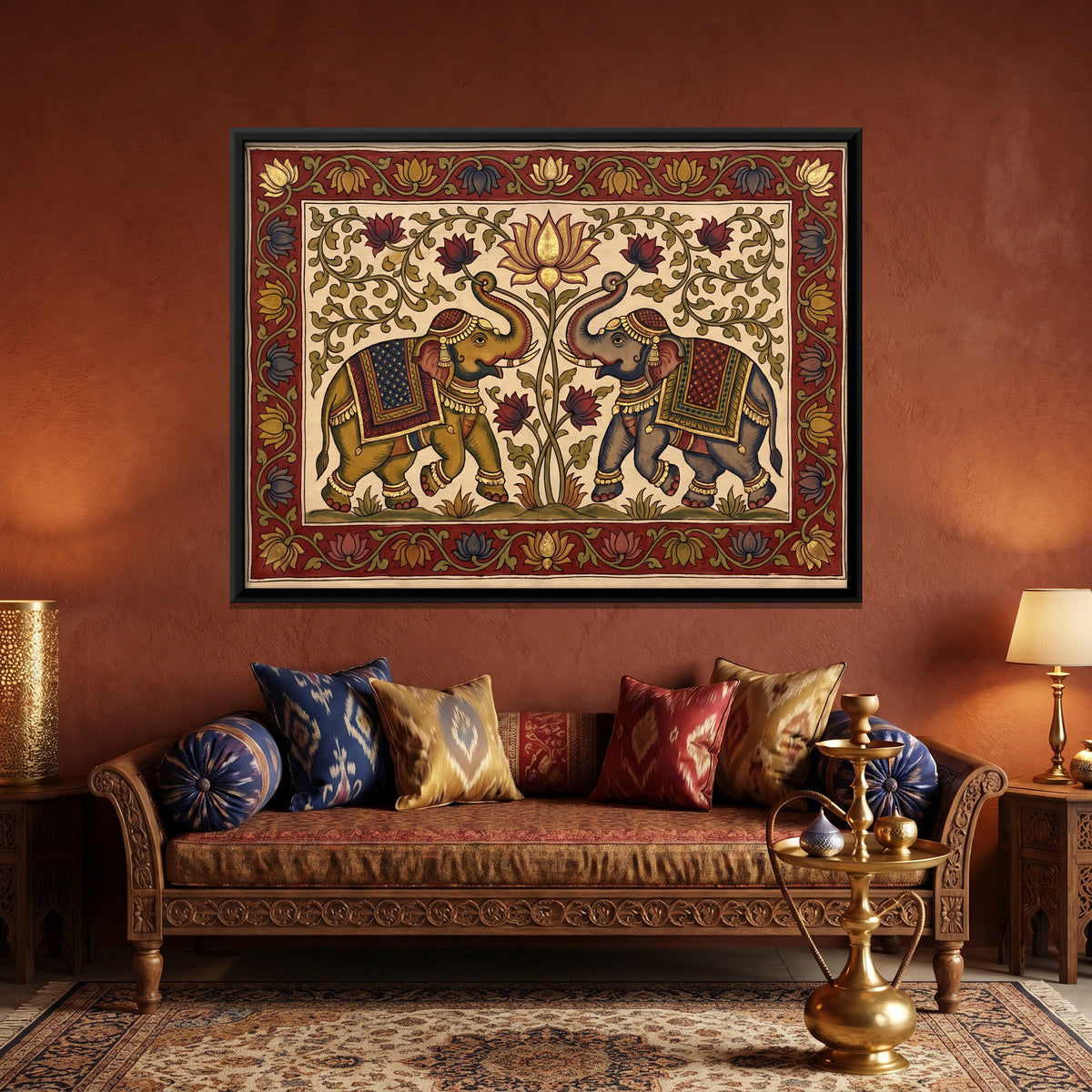 Elephant Pair Beneath a Lotus - canvas art shown in a styled room