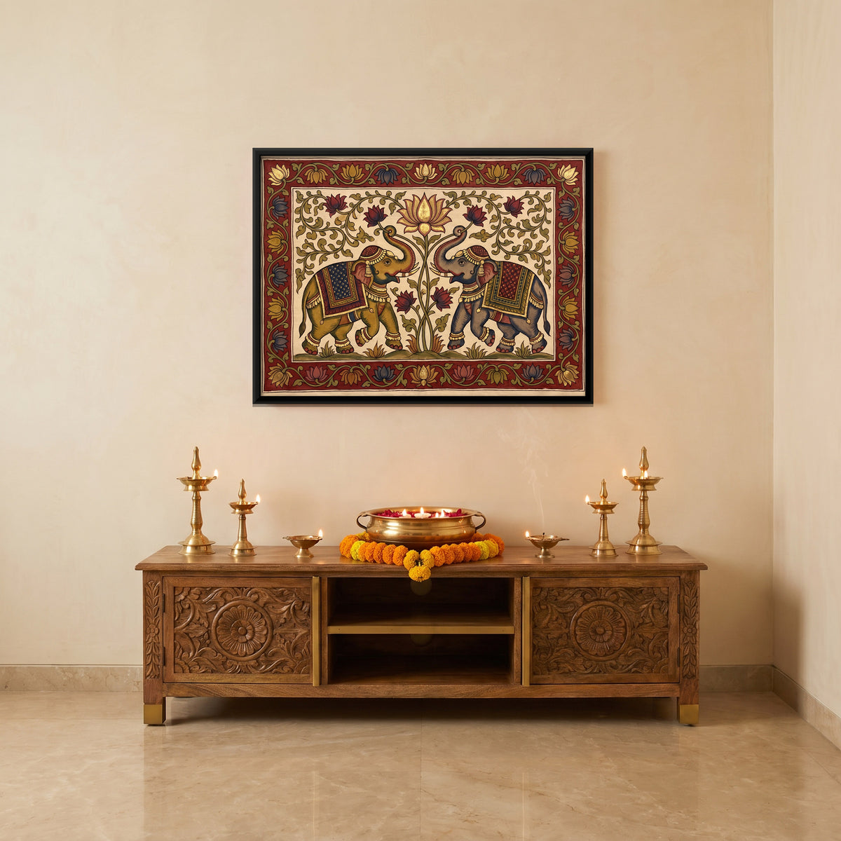 Elephant Pair Beneath a Lotus - canvas art shown in a second room setting