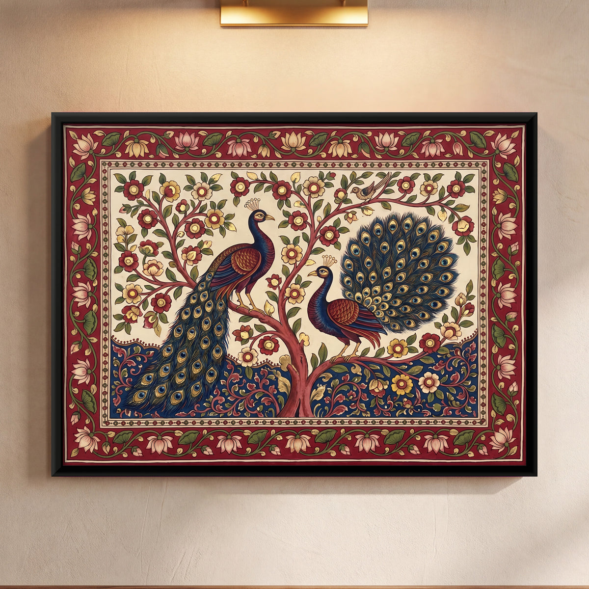 Peacocks in a Flowering Tree - framed canvas art hung on a wall
