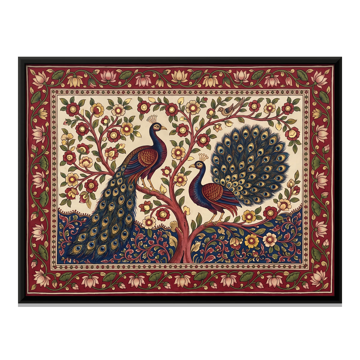 Peacocks in a Flowering Tree - framed canvas print, front view